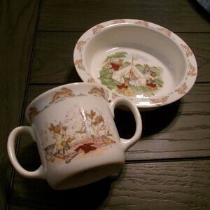 Royal Doulton Bunnykins Child Cereal Bowl & Handled Cup Camping Scene Bone China